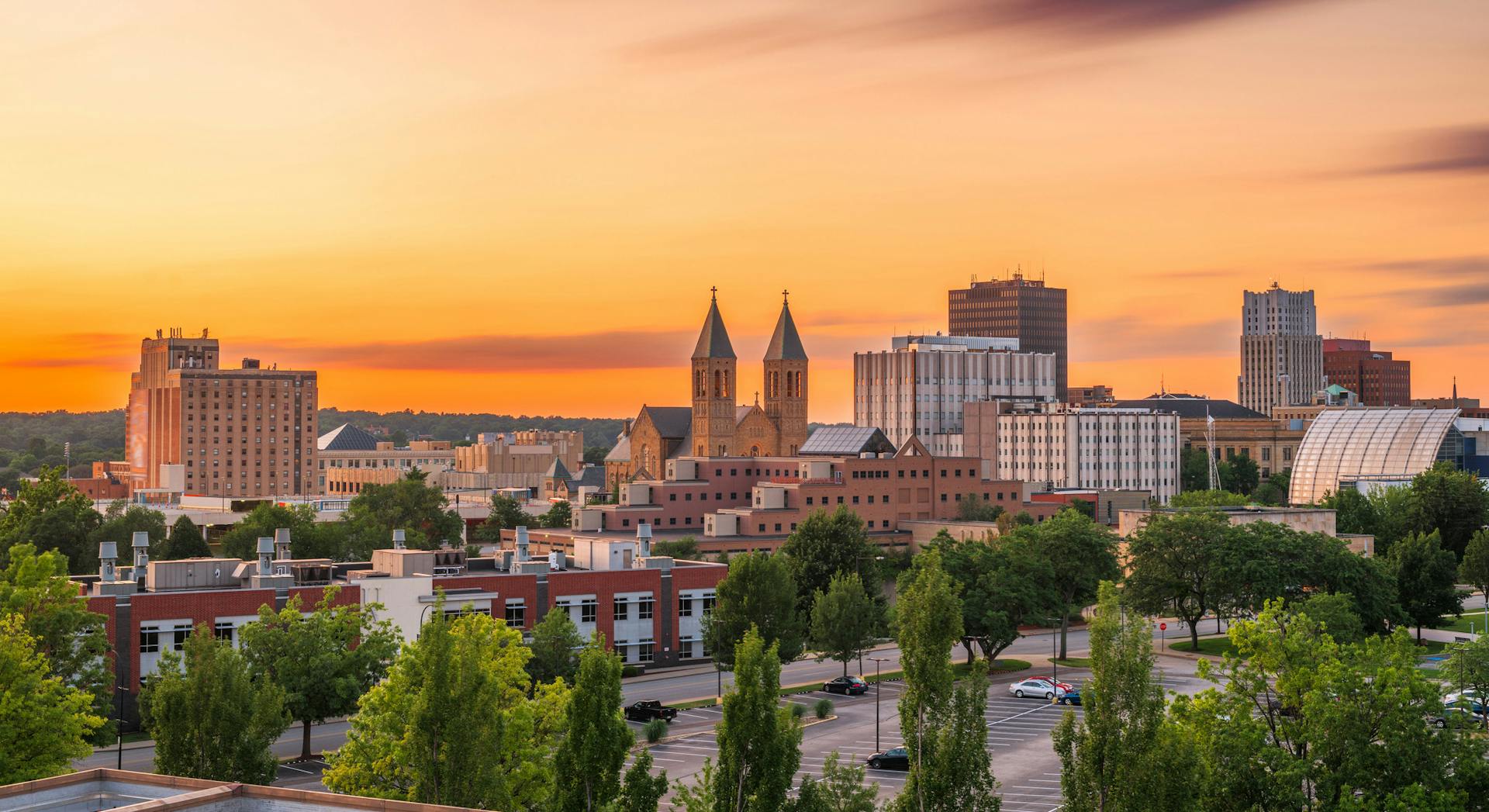 Akron's skyline at sunset