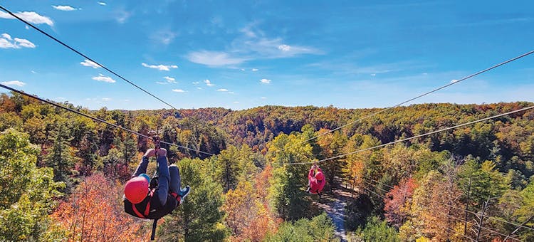 People zip lining at Red River Gorge Ziplines in Campton, Kentucky (photo courtesy of Red River Gorge Ziplines)