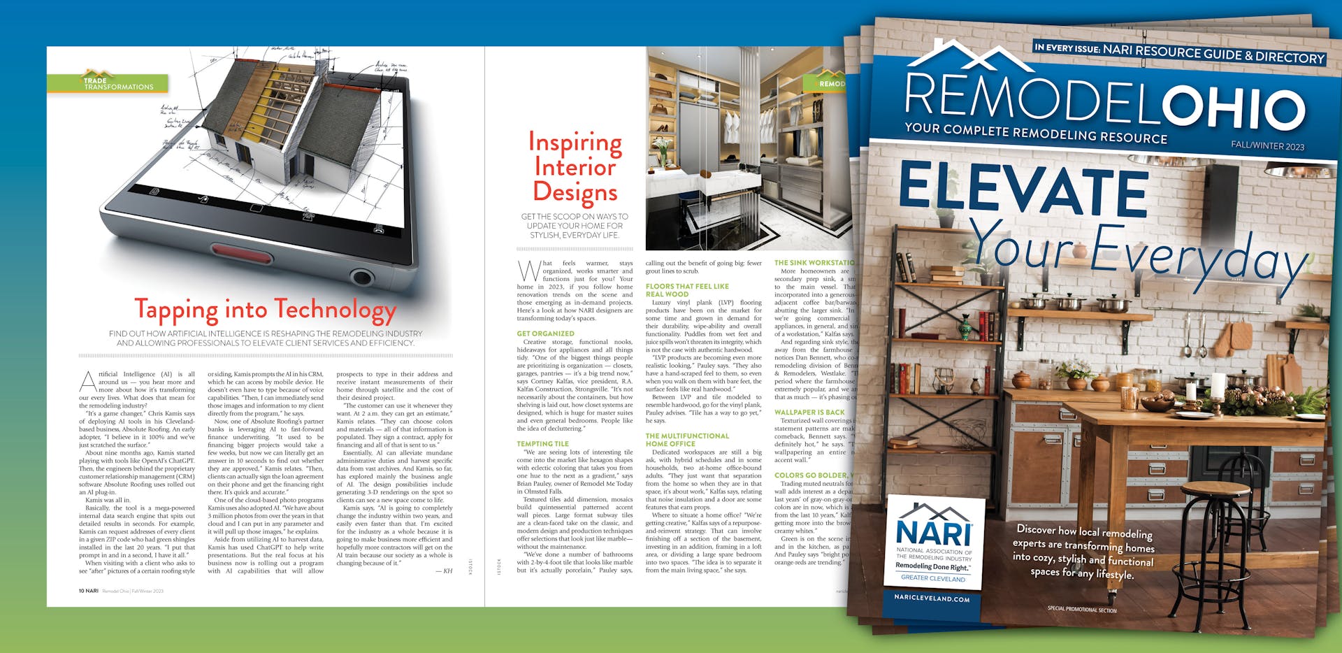 A two page magazine spread with a NARI Remodel Ohio Cover hovering above A two page magazine spread with a NARI Remodel Ohio Cover hovering above