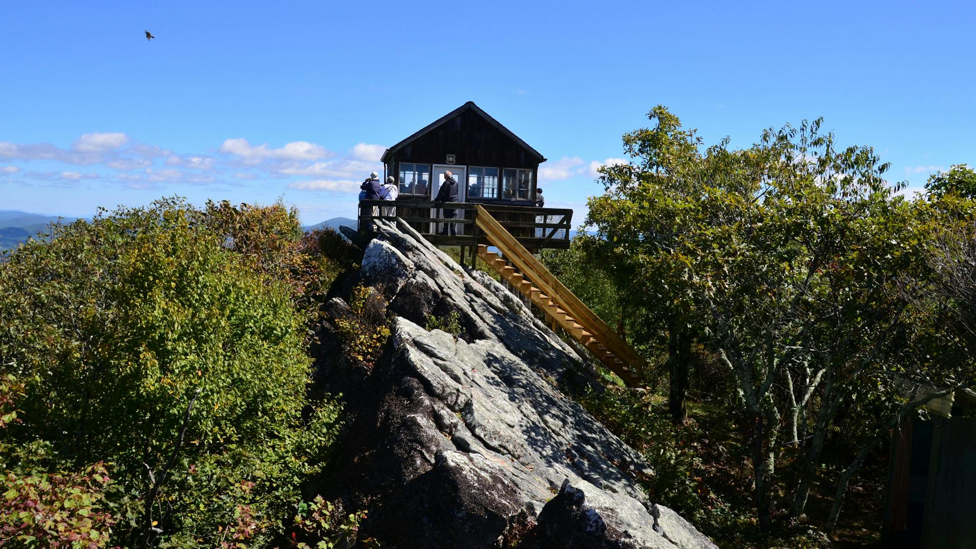 People looking out of Hanging Rock Raptor Observatory in Waiteville, West Virginia (photo by Sharyn Ogden)