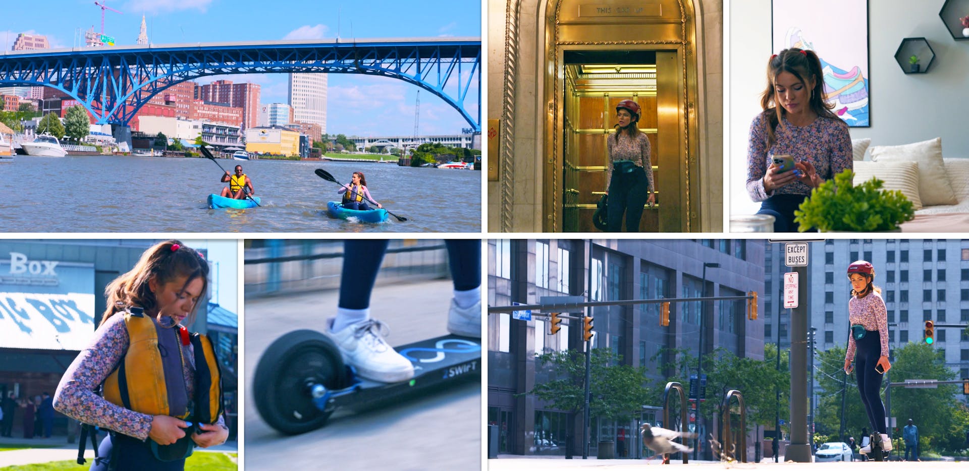 Girl kayaking, in her apartment and experiencing Cleveland