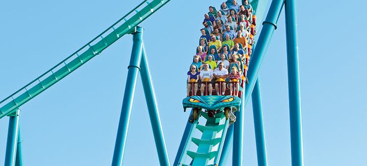 Riders on Leviathan at Canada's Wonderland in Vaughn, Ontario (photo by Dave Abel)