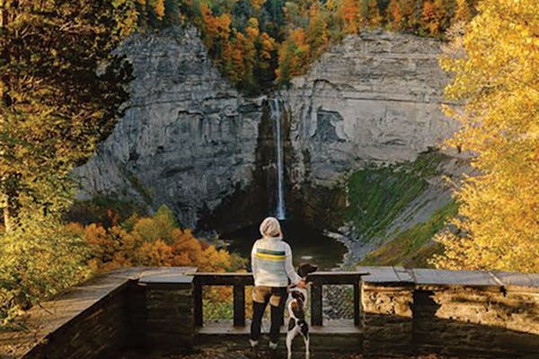 Person and dog hiking in the Finger Lakes Region in west-central, New York (photo © Adventures.with.Willow/Finger Lakes Tourism Alliance)