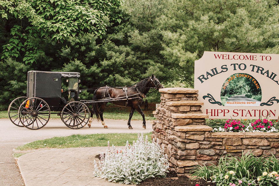 Holmes County Rails-to-Trails Coalition's Hipp Station sign with horse and buggy (photo courtesy of Holmes County Tourism)